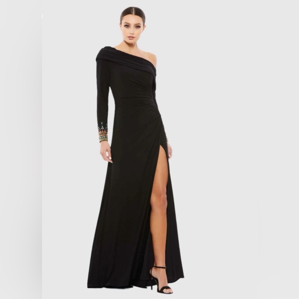 MAC Duggal Black Drop Shoulder Evening Gown with Embellished Cuff Size 6 New